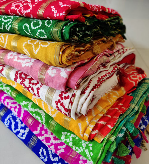 Pure Gaji Silk Bandhani Gharchola Sarees with Traditional Rai Bandhej