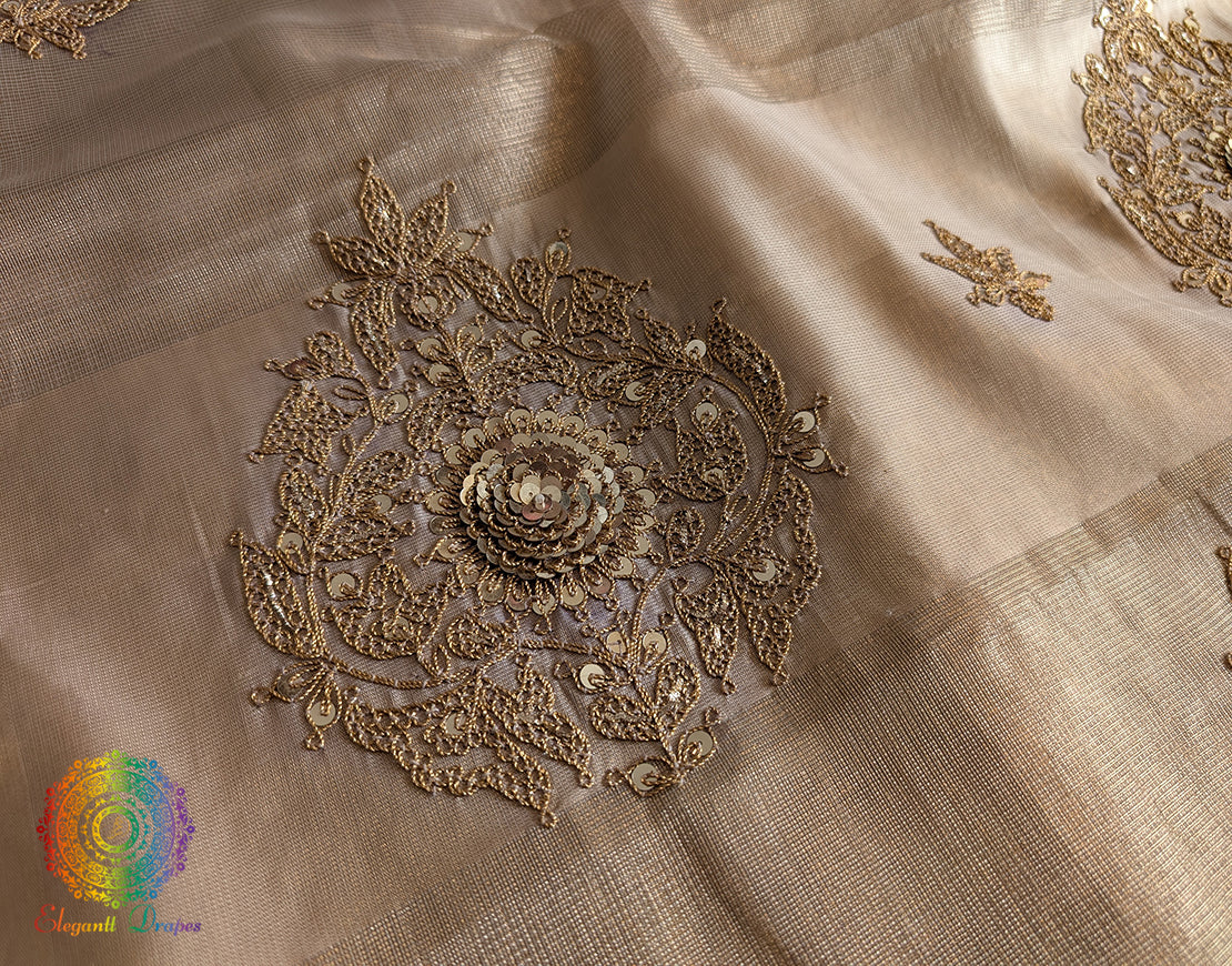 Beige Tissue Silk Handwork Saree – Handloom Saree Online India | Elegantt Drapes