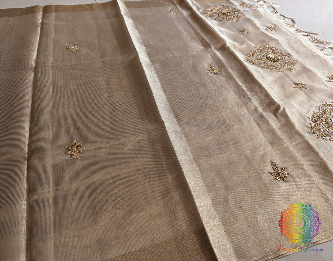 Beige Tissue Silk Handwork Saree – Handloom Saree Online India | Elegantt Drapes