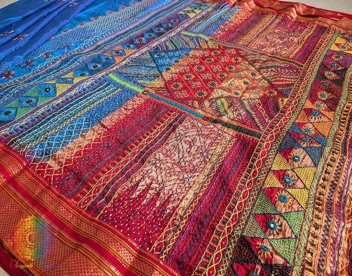 Blue Red Lambani Handwork Pure Ilkal Silk Saree – Ilkal Handloom Saree Online India | Elegantt Drapes