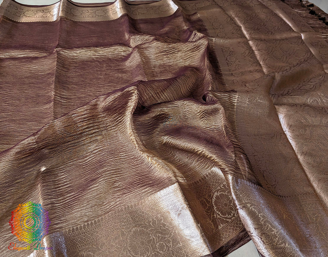 Brown Pure Banarasi Crushed Tissue Silk Saree – Handloom Saree Online India | Elegantt Drapes