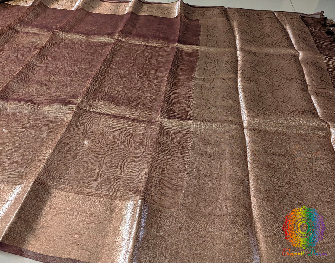 Brown Pure Banarasi Crushed Tissue Silk Saree – Handloom Saree Online India | Elegantt Drapes
