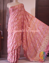 Close up of Bandhani work on Peach Gajji silk Gharchola saree