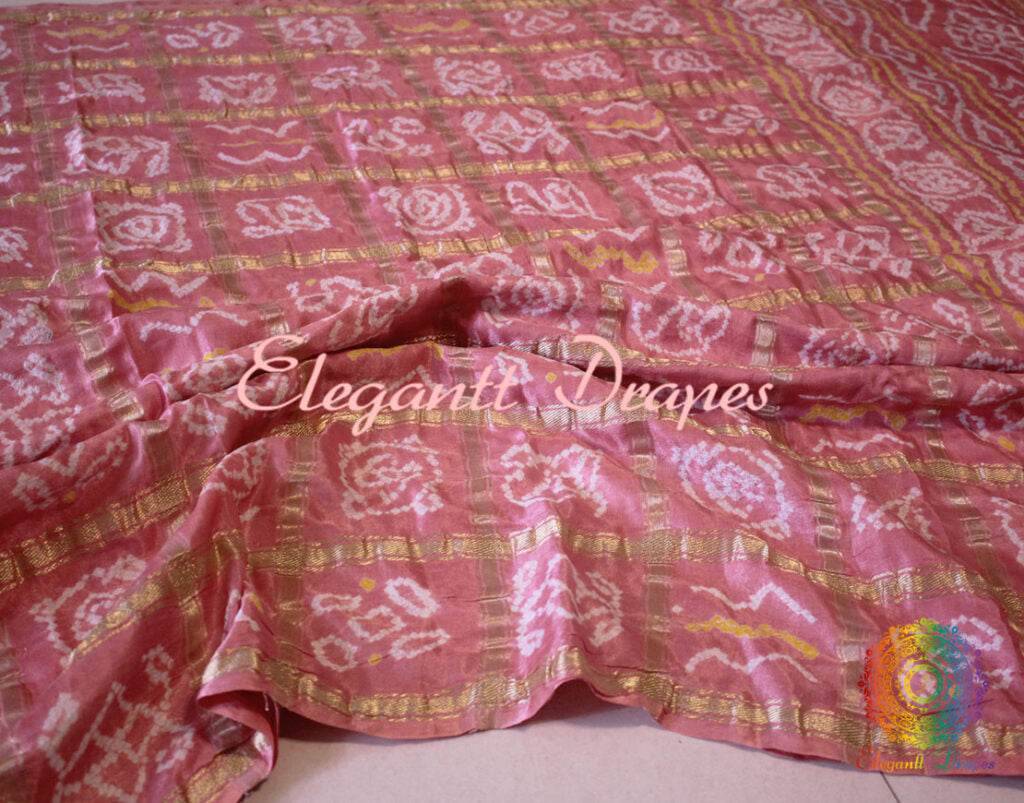 Close up of Bandhani work on Peach Gajji silk Gharchola saree