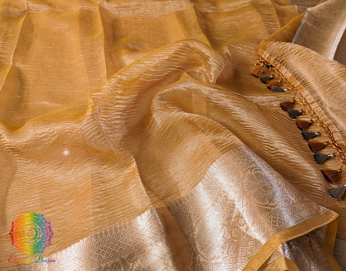 Mustard Pure Banarasi Crushed Tissue Silk Saree – Handloom Saree Online India | Elegantt Drapes