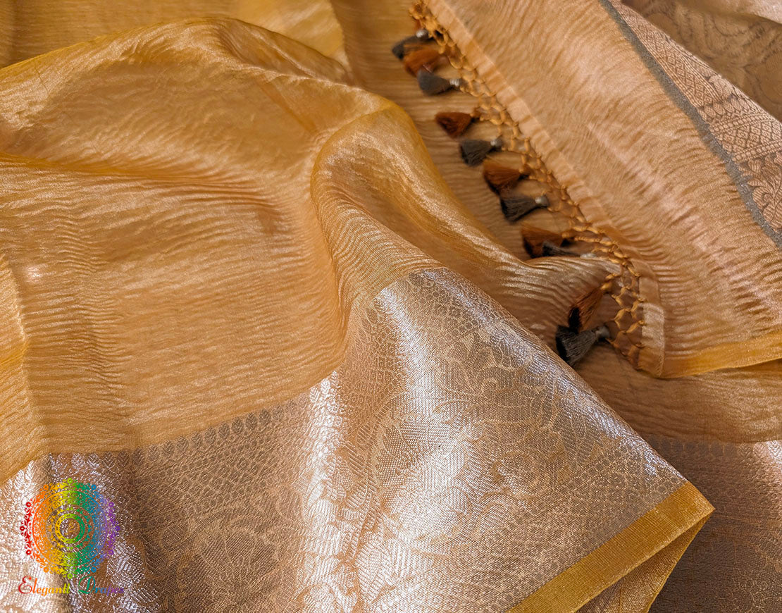 Mustard Pure Banarasi Crushed Tissue Silk Saree – Handloom Saree Online India | Elegantt Drapes