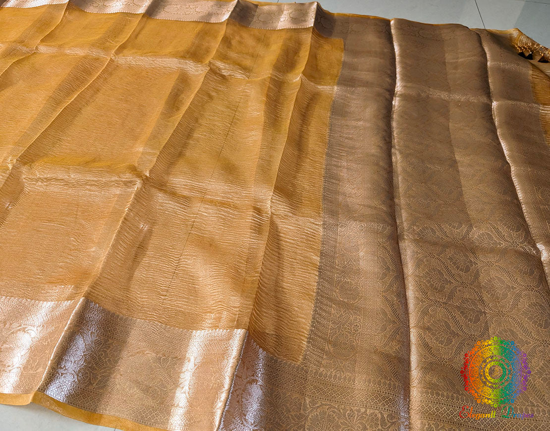 Mustard Pure Banarasi Crushed Tissue Silk Saree – Handloom Saree Online India | Elegantt Drapes