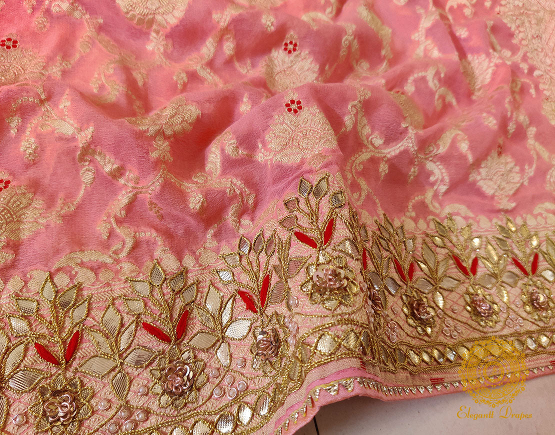 Pale Peach Banarasi Pure Georgette Gota Embroidered Saree – Handloom Saree Online India | Elegantt Drapes