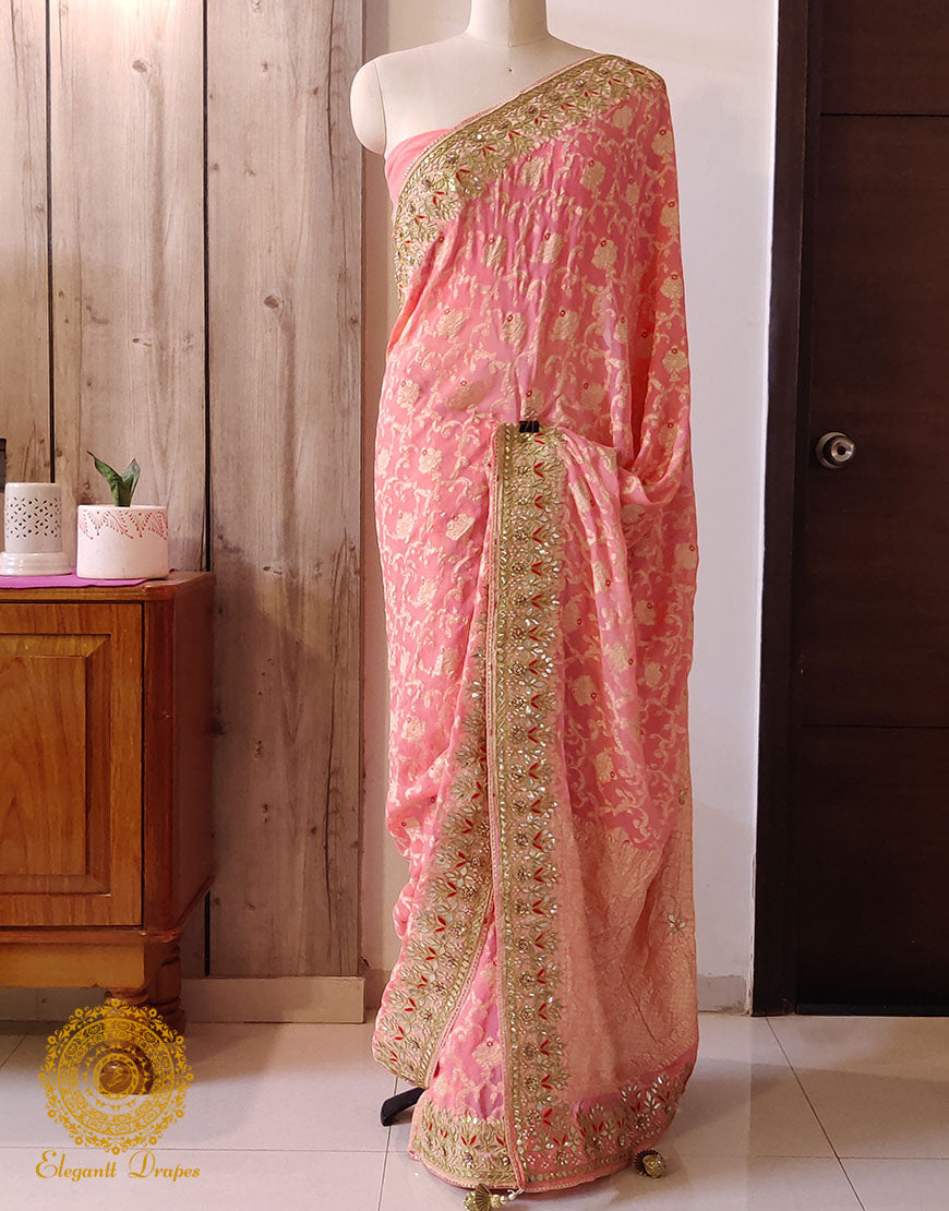 Pale Peach Banarasi Pure Georgette Gota Embroidered Saree – Handloom Saree Online India | Elegantt Drapes