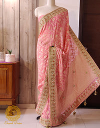 Pale Peach Banarasi Pure Georgette Gota Embroidered Saree – Handloom Saree Online India | Elegantt Drapes