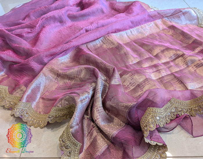 Pink Pure Banarasi Crushed Tissue Silk Saree – Handloom Saree Online India | Elegantt Drapes