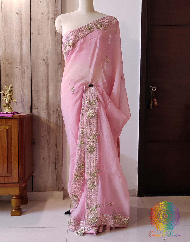 Pink Pure Organza Gota Patti Handwork Saree – Handloom Saree Online India | Elegantt Drapes