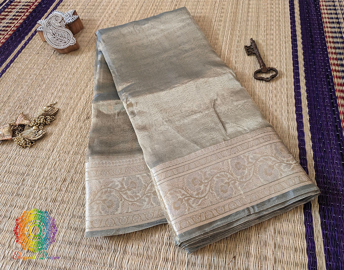 Sage Green Pure Banarasi Tissue Silk Saree – Handloom Saree Online India | Elegantt Drapes