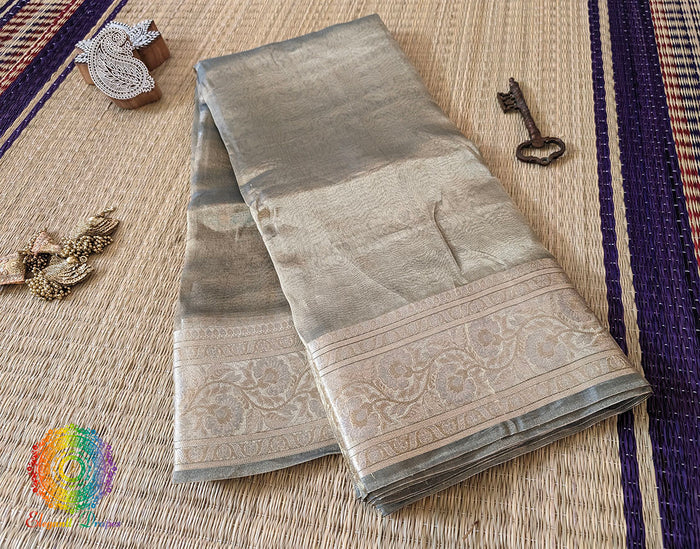 Sage Green Pure Banarasi Tissue Silk Saree – Handloom Saree Online India | Elegantt Drapes