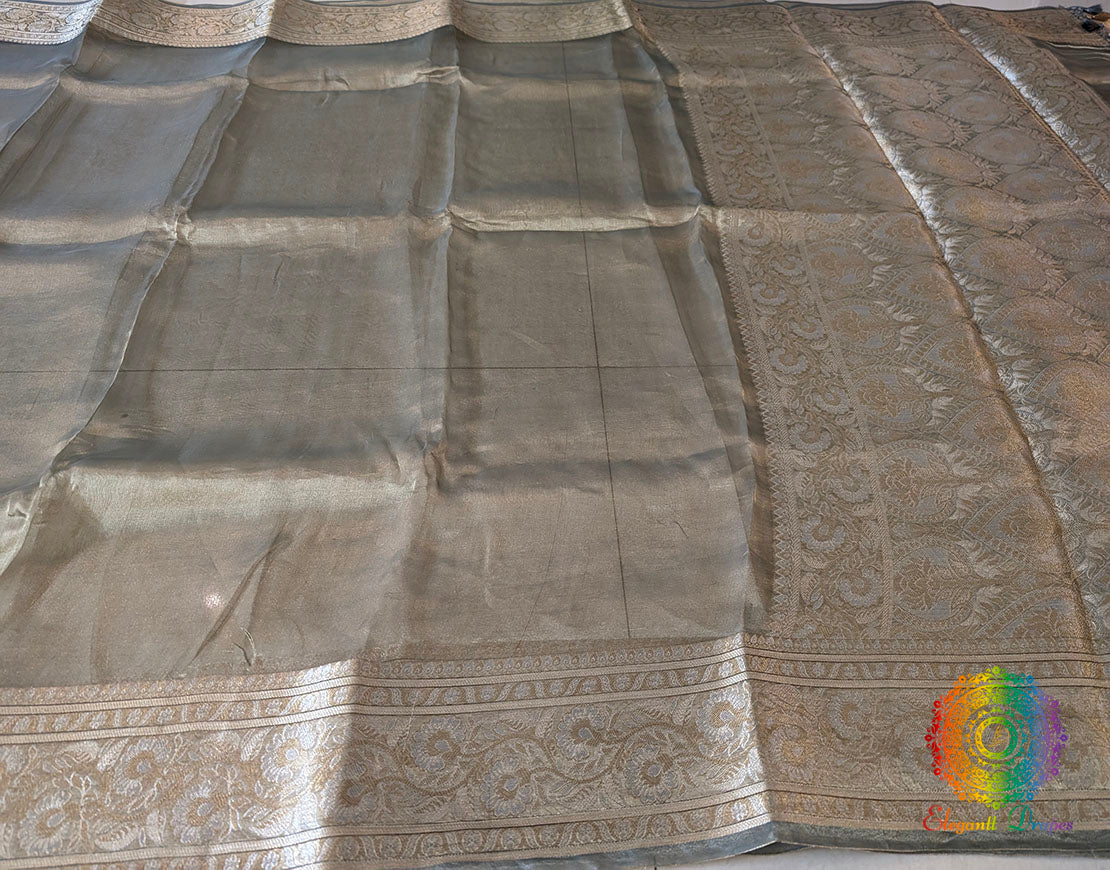 Sage Green Pure Banarasi Tissue Silk Saree – Handloom Saree Online India | Elegantt Drapes