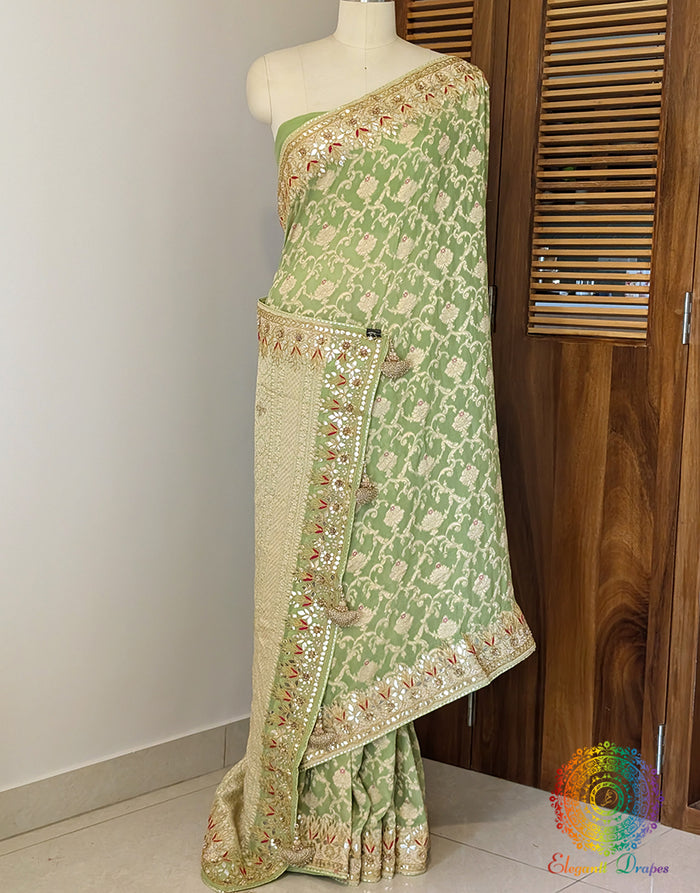 Pista Green Banarasi Pure Georgette Gota Patti Saree – Handloom Saree Online India | Elegantt Drapes