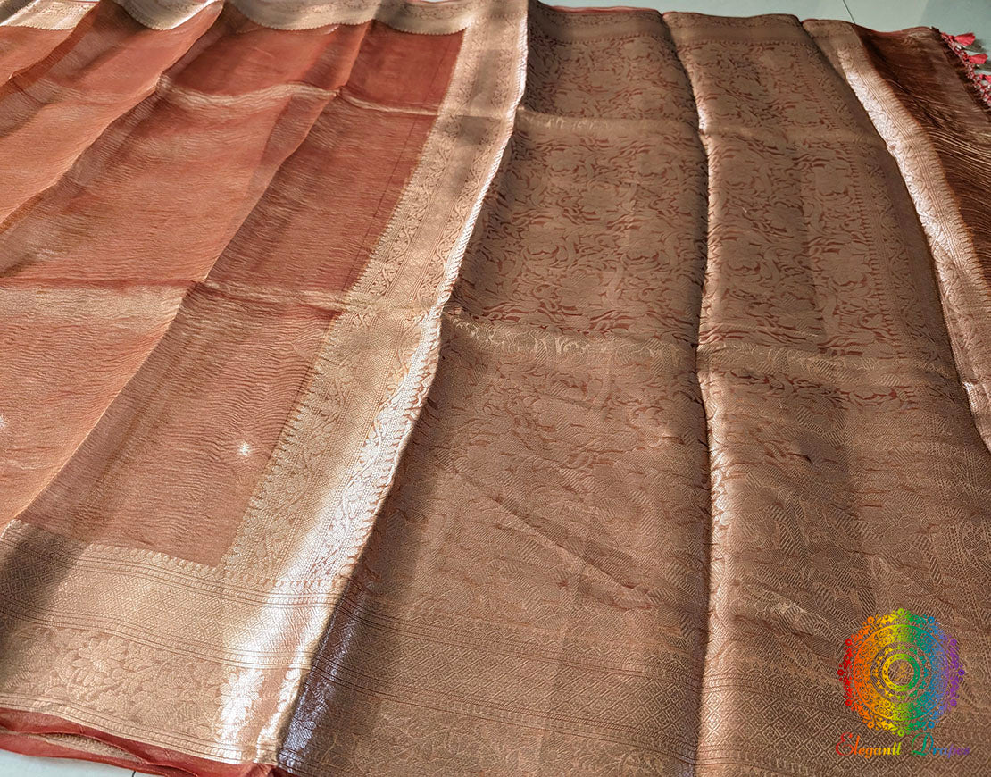 Rust Pure Banarasi Crushed Tissue Silk Saree – Handloom Saree Online India | Elegantt Drapes