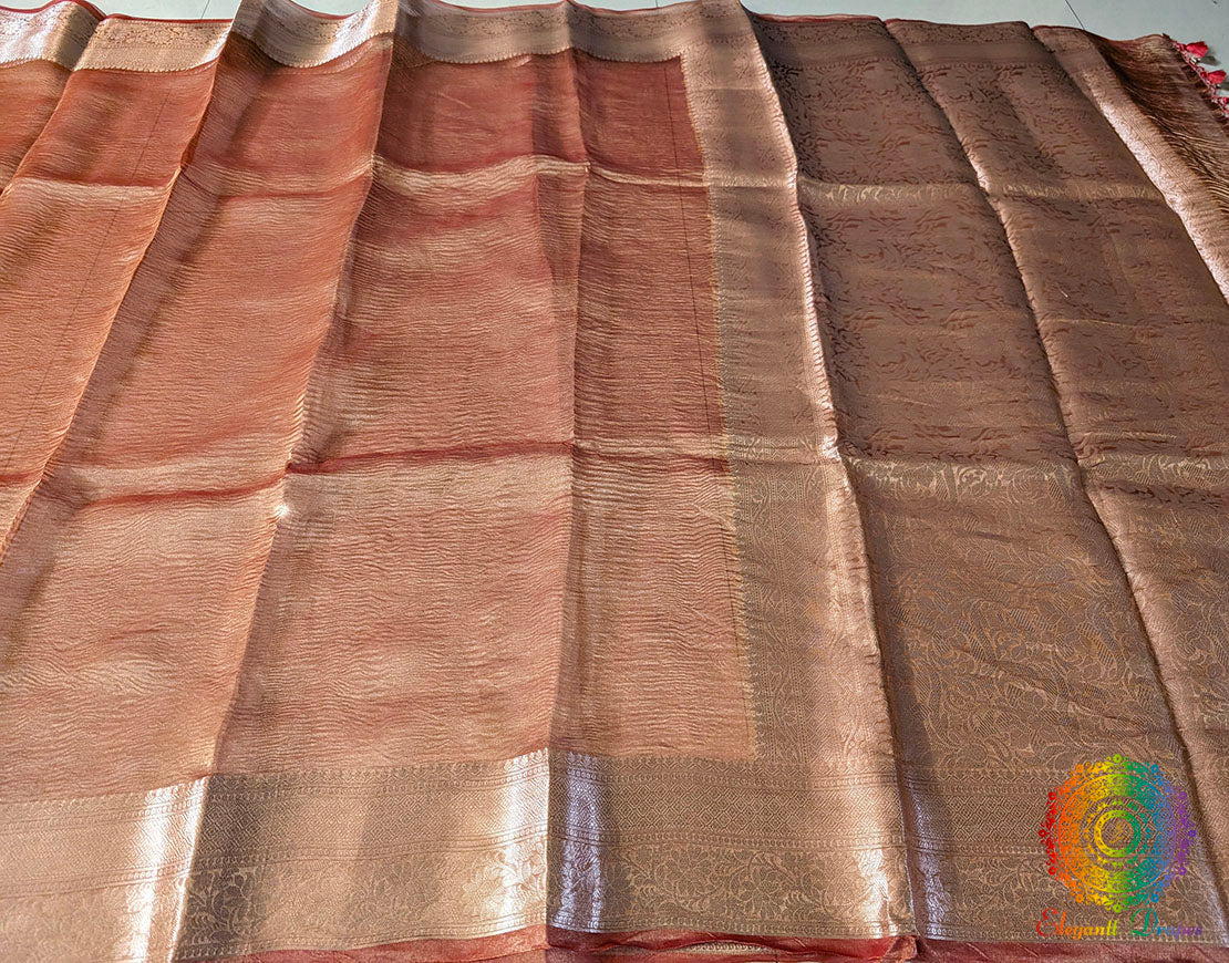Rust Pure Banarasi Crushed Tissue Silk Saree – Handloom Saree Online India | Elegantt Drapes