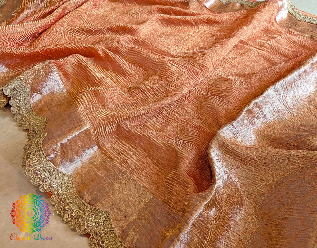 Orange Pure Banarasi Crushed Tissue Silk Saree – Handloom Saree Online India | Elegantt Drapes