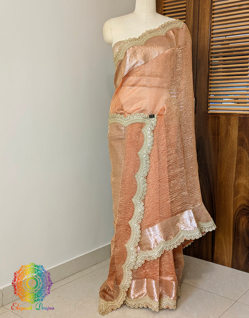 Orange Pure Banarasi Crushed Tissue Silk Saree – Handloom Saree Online India | Elegantt Drapes