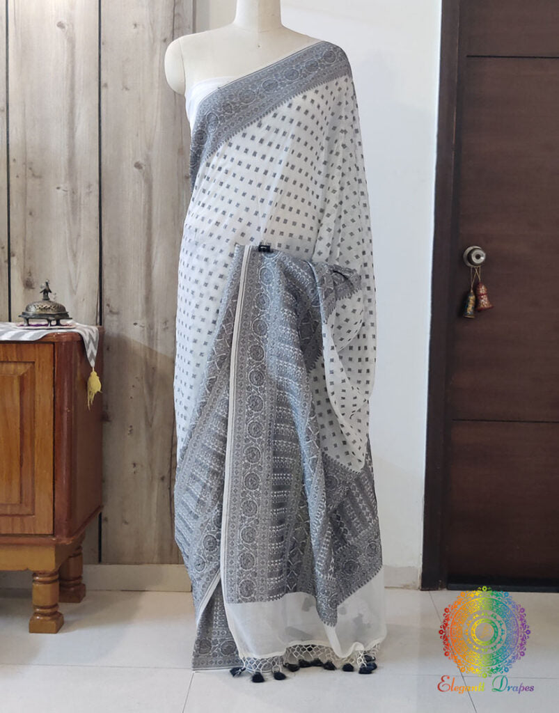 White Black Banarasi Handloom Pure Khaddi Georgete Saree – Handloom Saree Online India | Elegantt Drapes