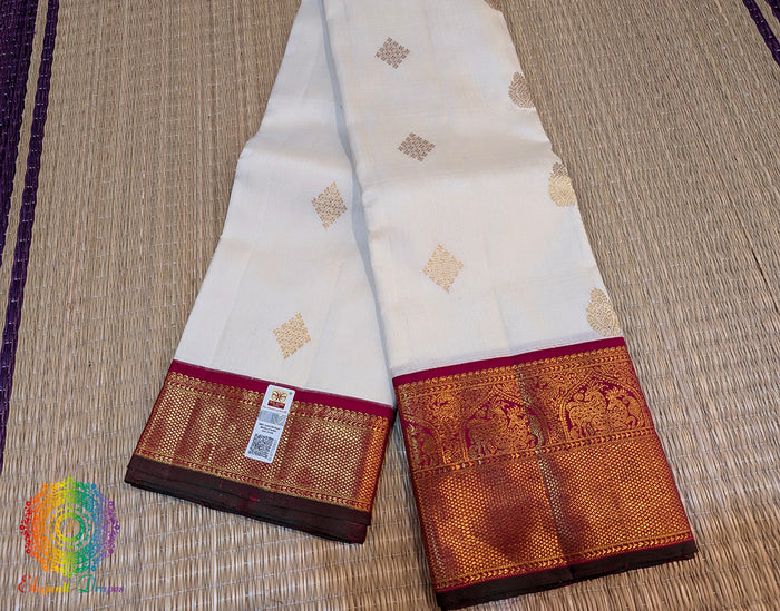 Off White Red Pure Kanjivaram Silk Saree – Handloom Saree Online India | Elegantt Drapes