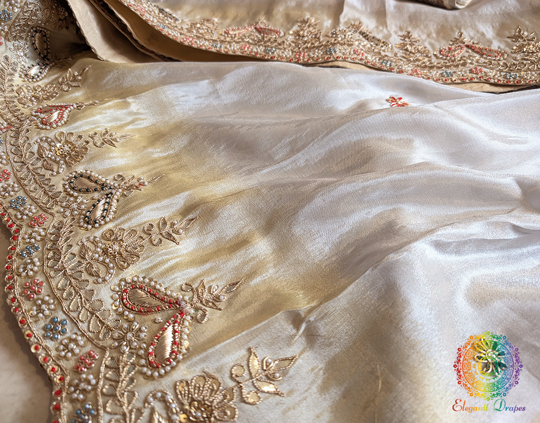 Off White Soft Silk Gota Patti Handwork Saree – Handloom Saree Online India | Elegantt Drapes