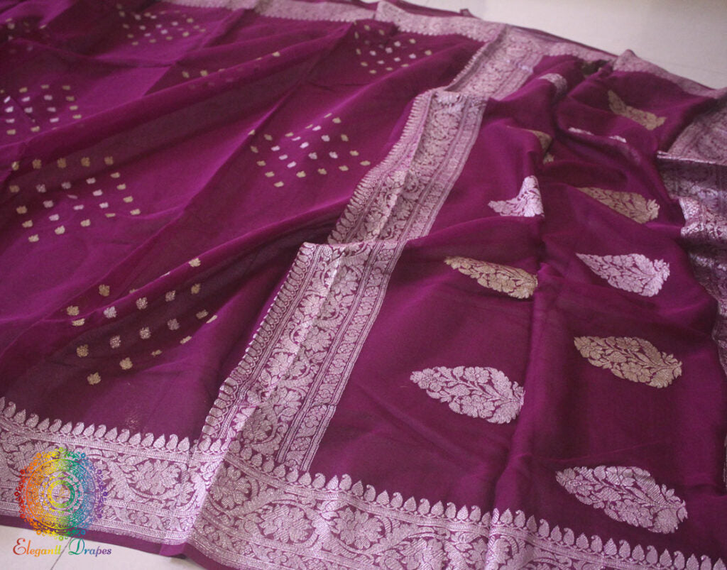 Wine Banarasi Handloom Khaddi Georgette Kadhuwa Saree – Handloom Saree Online India | Elegantt Drapes