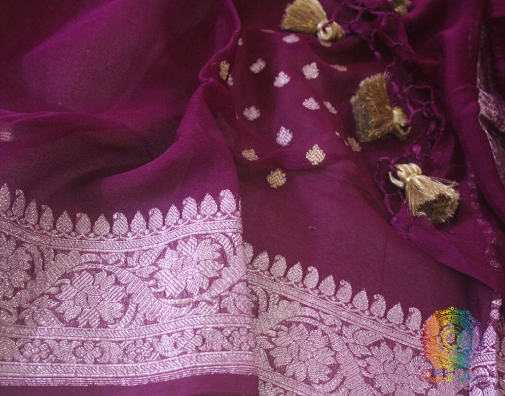 Wine Banarasi Handloom Khaddi Georgette Kadhuwa Saree – Handloom Saree Online India | Elegantt Drapes