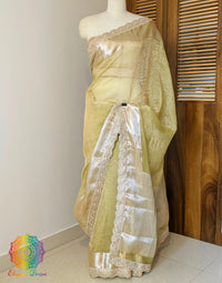 Yellow Pure Banarasi Crushed Tissue Silk Saree – Handloom Saree Online India | Elegantt Drapes