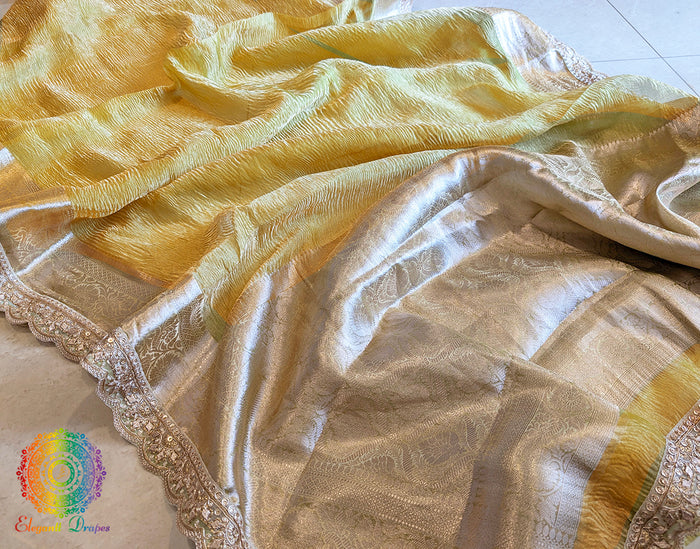 Yellow Pure Banarasi Crushed Tissue Silk Saree – Handloom Saree Online India | Elegantt Drapes