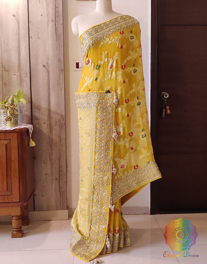 Yellow Banarasi Pure Georgette Gota Embroidered Saree – Handloom Saree Online India | Elegantt Drapes