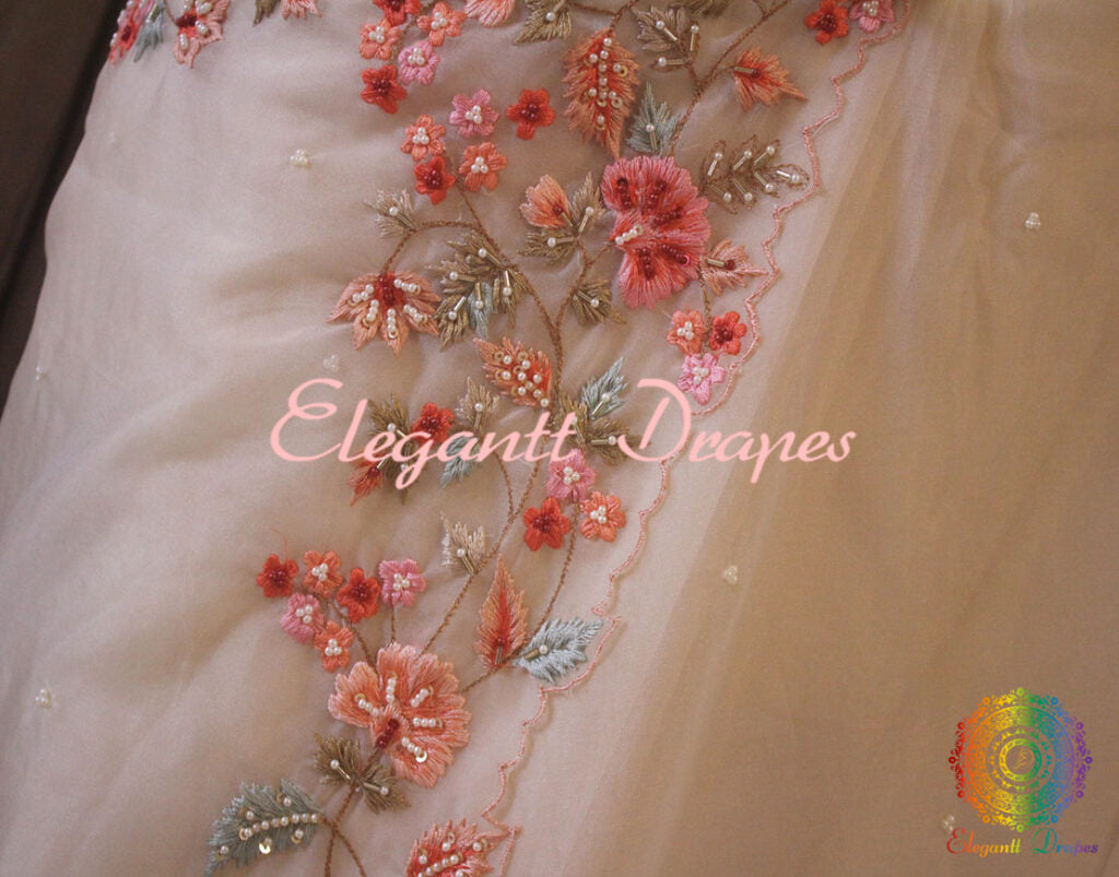 Beige Pure Organza Silk Hand Embroidered Saree