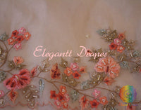 Beige Pure Organza Silk Hand Embroidered Saree