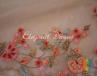 Beige Pure Organza Silk Hand Embroidered Saree