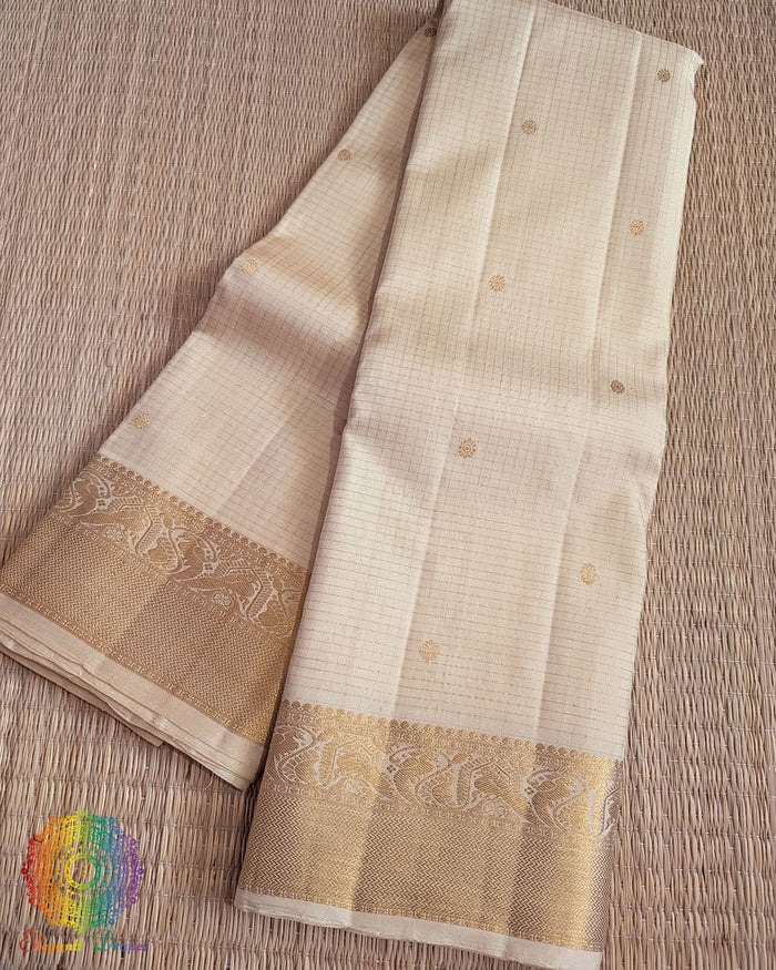 Cream handloom Kanjivaram silk saree with 1 gram zari checks Elegantt Drapes