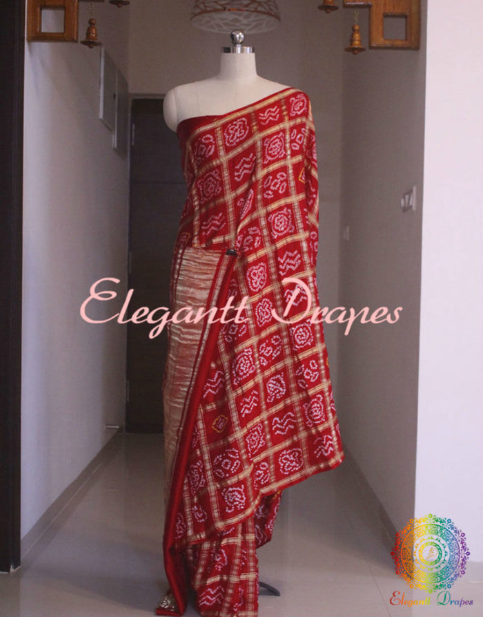 Border detail of red Gharchola pure Gajji silk saree