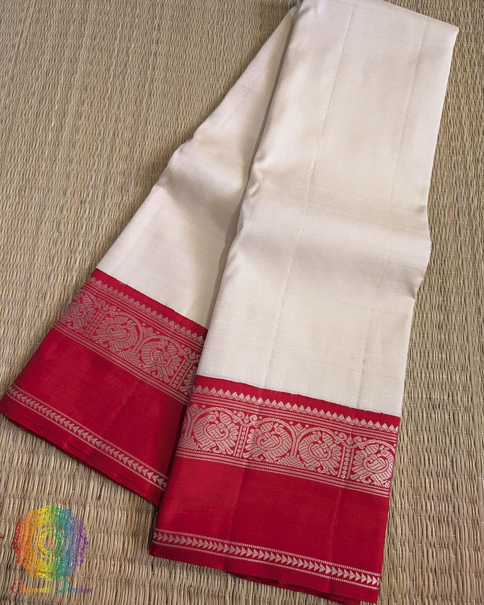 White pure Kanjivaram silk saree with red thread weave – Elegantt Drapes