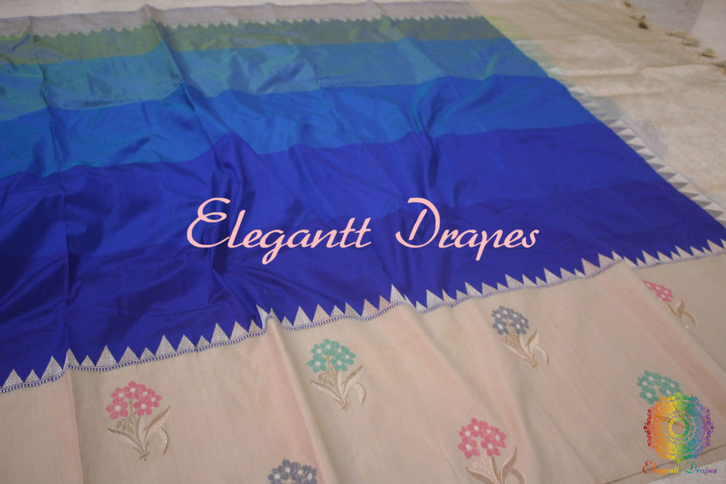 Blue Shaded Pure Banarasi Handloom Katan Silk Kadhiyal Saree