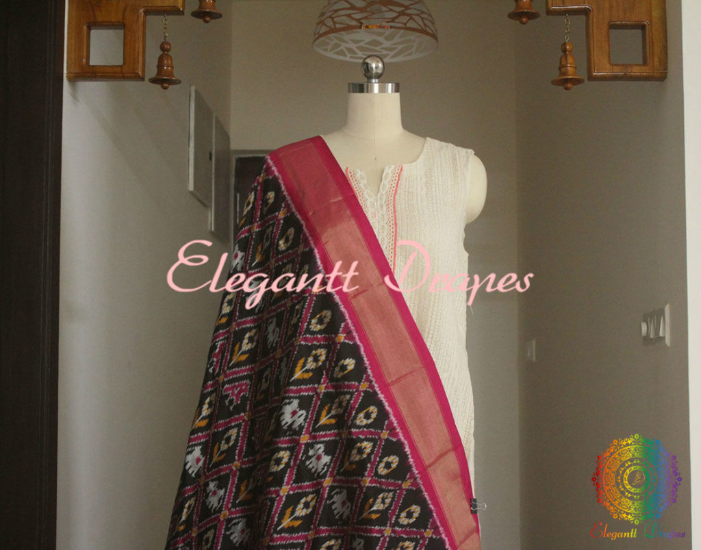 Black Pink Double Ikat Pure Silk Handwoven Dupatta