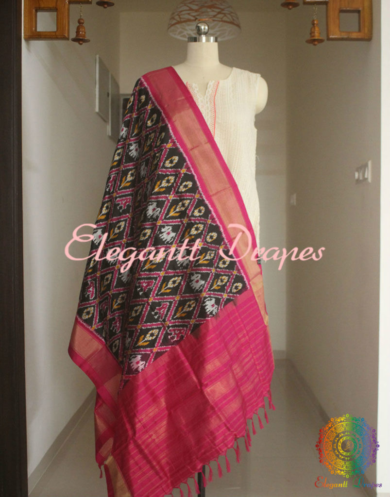 Black Pink Double Ikat Pure Silk Handwoven Dupatta
