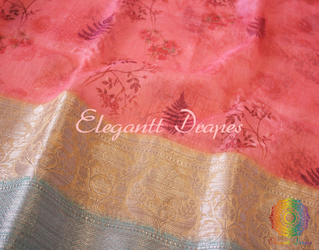 Pink Digital Printed Pure Linen Silk Saree
