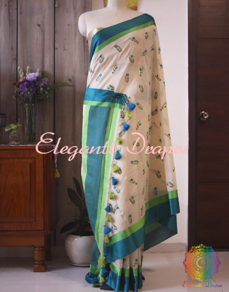 Off White Pure Cotton Floral Embroidery Saree