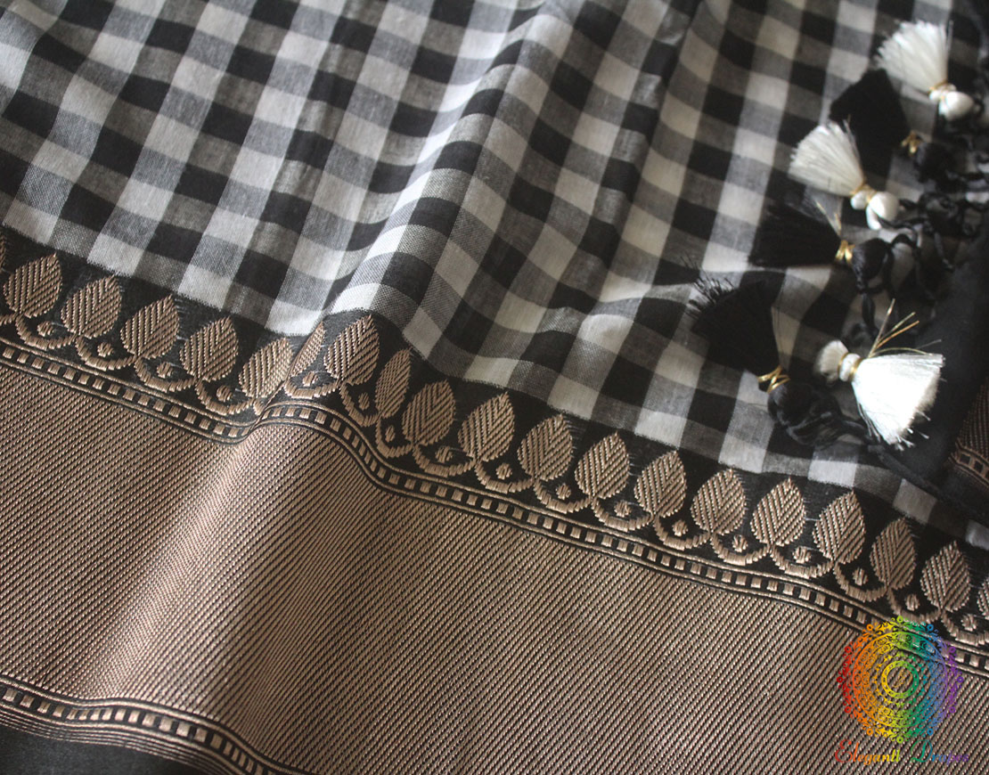 Black White Checkered Pure Banarasi Handloom Cotton Saree
