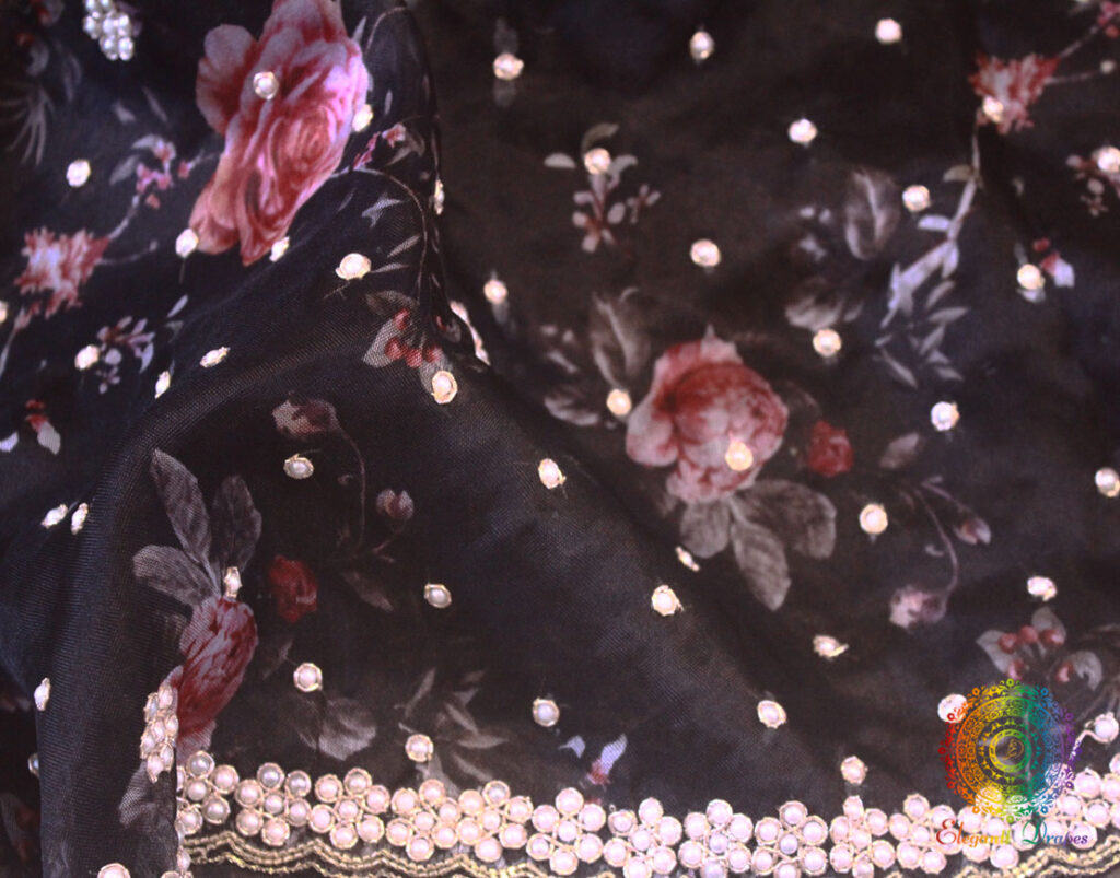 Black Pure Organza Handwoven Floral Print Saree