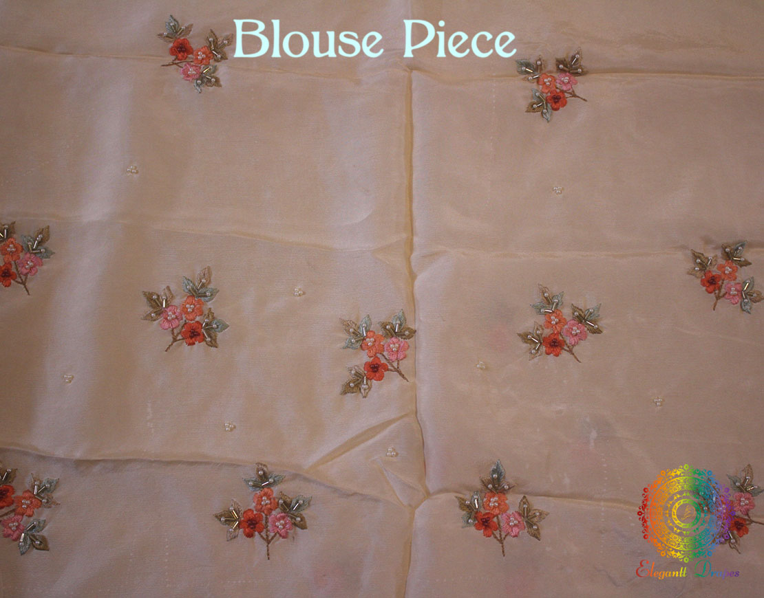 Beige Pure Organza Silk Hand Embroidered Saree