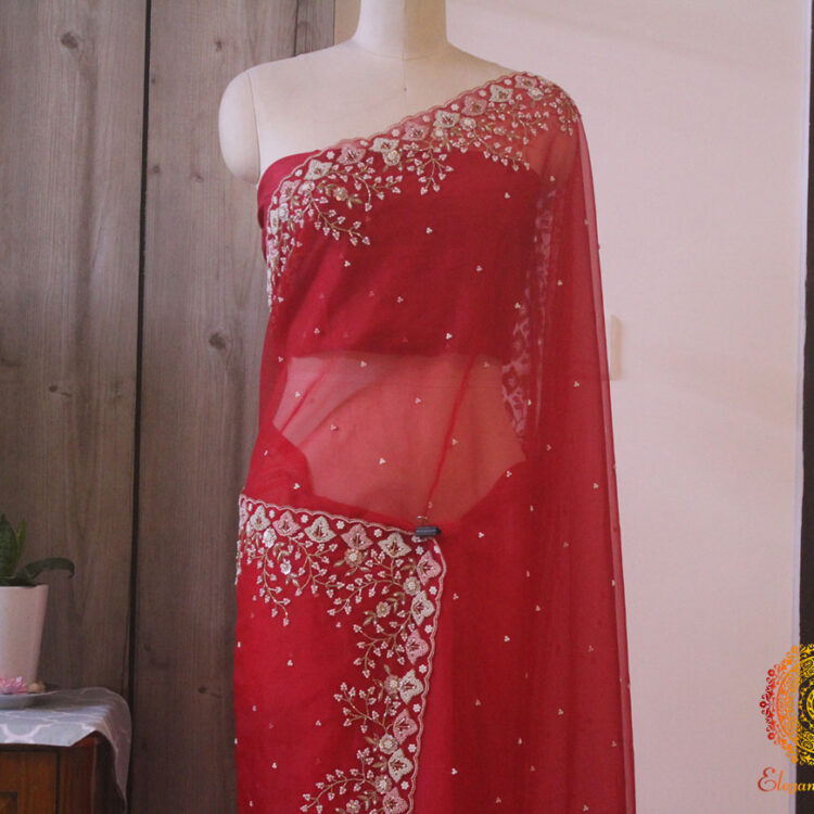 Red Pure Organza Silk Handwork Saree