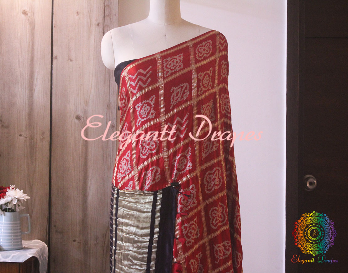 Deep Red Pure Gaji Silk Bandhani Gharchola Ajrakh Saree