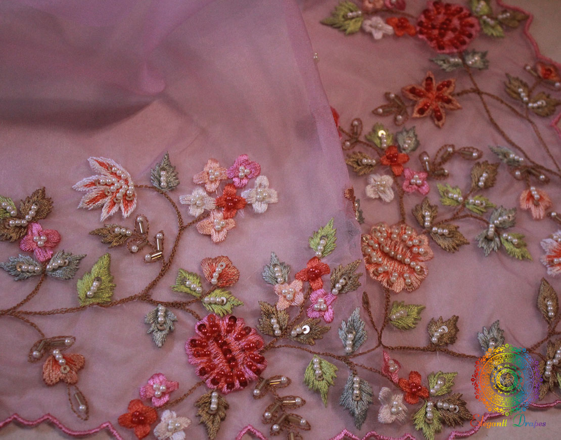 Pink Pure Organza Silk Hand Embroidered Saree