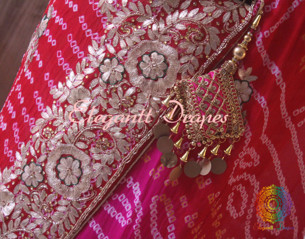 Red Pink Shaded Gota Patti Handwork Pure Rai Bandhej Saree